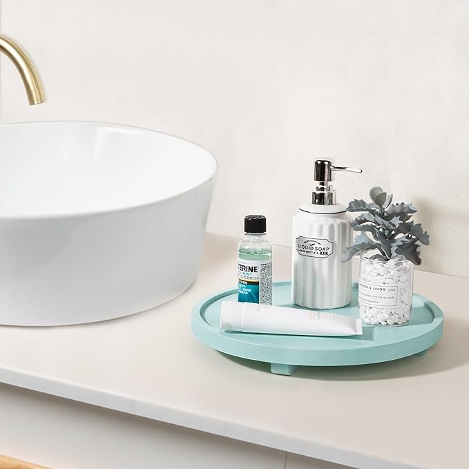 Round Decorative Tray Wood Bathroom Counter Organizer Farmhouse Kitchen Decor Wooden Riser for Soap Dish, Perfume, Candle, Sponge, 12" - Light Blue