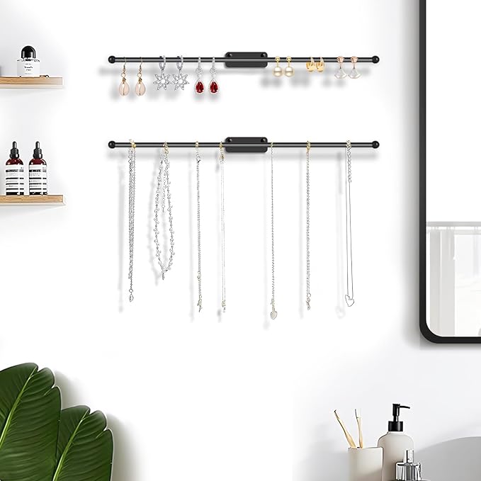2 Pack Wall Jewelry Organizer, 14.5'' Necklace Holder for Hanging Earring, Ring, Bracelet, Hairband, Glasses Storage, Decorative Space-Saving Jewelry Display-Black