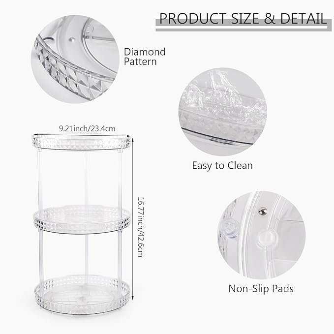 360 Clear Rotating Makeup Organize for Vanity,3 Tiers Lazy Susan with Diamond Pattern, Large-Capacity Skincare Organizers Cosmetic Display Case Organizer for Dresser (Clear White, 3Tiers)
