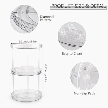 360 Clear Rotating Makeup Organize for Vanity,3 Tiers Lazy Susan with Diamond Pattern, Large-Capacity Skincare Organizers Cosmetic Display Case Organizer for Dresser (Clear White, 3Tiers)