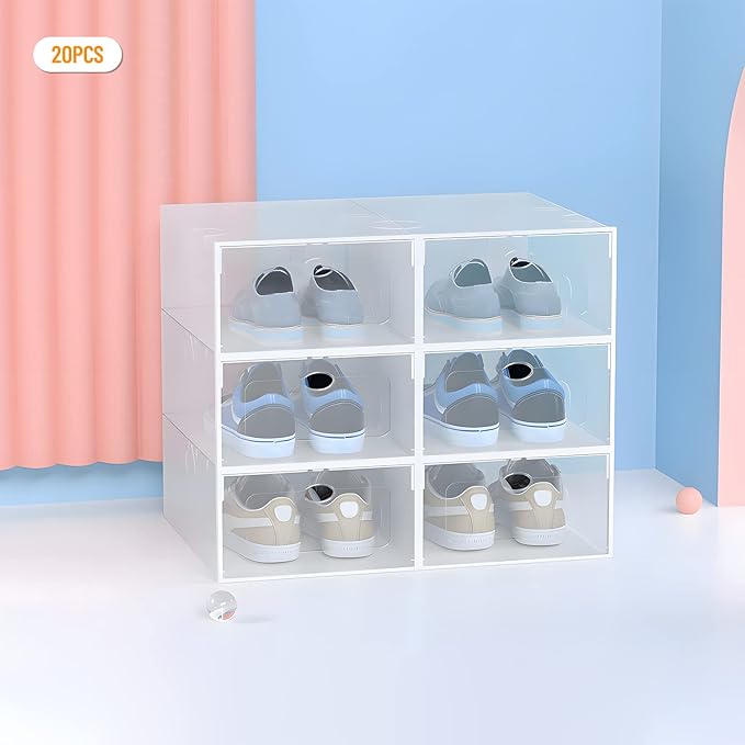 20 PCS Shoe Storage Boxes,Clear Plastic Clamshell Shoebox Stackable Shoe Organizer Foldable Display Box Container Closet Shelf Display Case Ventilation