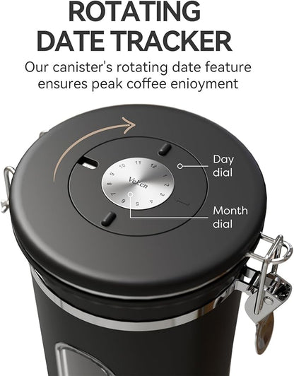Veken Coffee Canister with Window,Airtight Stainless Steel Pantry Container,Kitchen Food Storage Organizers for Beans,Ground,Espresso,Rice,Tea,Sugar, Cereal, Bar Accessories,Gifts,Lids,Jars,22OZ,Black