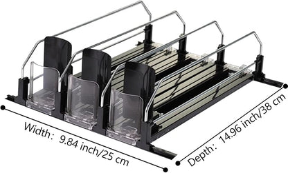 Soda organizer for Fridge, Automatic Push Drink Organizer for Refrigerator - Adjustable Width (Holds 15 Cans), Durable Beer & Drink Dispenser with Self-Pushing Glide System, Black