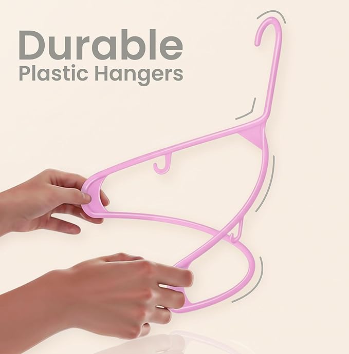 Utopia Home Plastic Hangers 50 Pack - Space Saving Clothes Hanger - Durable & Strong Closet Organizers and Storage with Built-in Strap Hooks - Essential for Shirts, Pants, Skirts & Coats (Pink)
