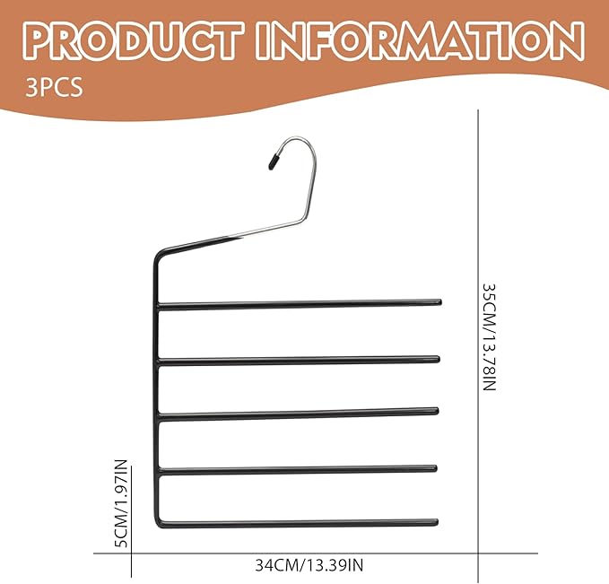 3Pcs 13x14 Inch Pants Hangers 5 Tier High Manganese Steel Space Saving Hangers with PVC Wrap E-Shaped for Tie Belt Scarf