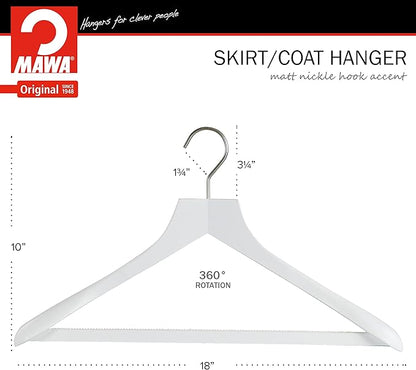MAWA by Reston Lloyd, European Wooden Hanger, Beech Wood Body Form Hanger with Wide Supportive Shoulders, Rotating Chrome Hook, White Finish, for Shirts, Blazers, Pants, Dress Clothes Hanger, Set of 2