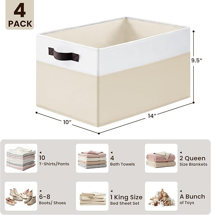 Criusia 4 Pack Baby Clothes Organizer Bins, Fabric Collapsible Storage Baskets with Handles, Odorless Storage Bins for Toy Clothes Nursery Kids Room Playroom Classroom (14L*10W*9.5H)