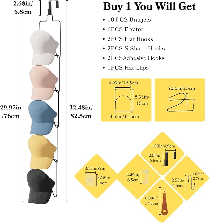 10Pack Over The Door Hat Organizer for baseball caps | Multi-Functional Baseball Hat Rack for Closet | Wall Mounted Hat s torage organizer | 5 types of accessories cap holder stand w hooks ,Black