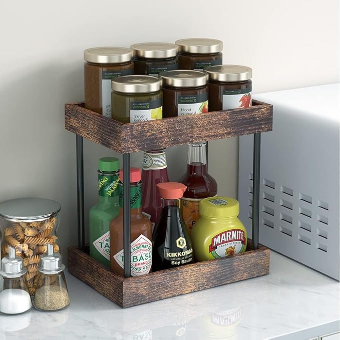 MAHUEEOL 2 Tier Bathroom Organizer Countertop, Wooden Bathroom Trays for Counter Vanity Organizer Cosmetic Storage Vanity Organizer, Coffee Station Organizers, Kitchen Spice Rack
