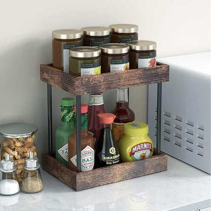 MAHUEEOL 2 Tier Bathroom Organizer Countertop, Wooden Bathroom Trays for Counter Vanity Organizer Cosmetic Storage Vanity Organizer, Coffee Station Organizers, Kitchen Spice Rack