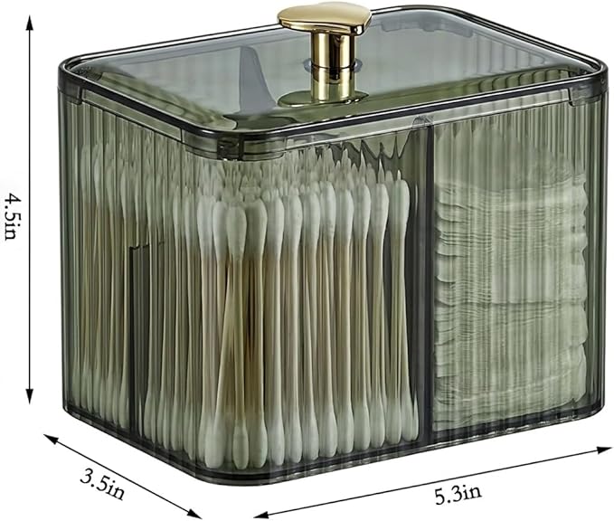 2 Pack 3-Section Clear Qtip Holder with Dustproof Lid, Bathroom Cotton Ball and Qtip Organizer, Cotton Swab Container for Vanity Canisters Jars for Countertop Storage and Organization (Clear-Green)