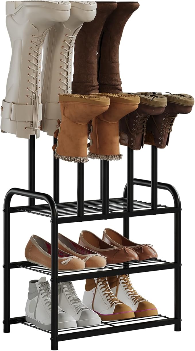 Kitsanery Shoe Rack - 3-Tier Metal Boot Rack Organizer for Entryway, Closet & Garage, Free Standing Shoe Shelf for Storage Tall Boots, Sneakers, Cowboy Boots, Black (Small - 4 Pairs)