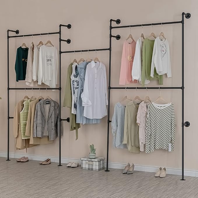 Industrial Pipe Clothes Rack, Heavy Duty Detachable Wall Mounted Black Iron Garment Bar, Clothing Store Display Stands Garment Rack Closet System (125.5 x 93.7inch)