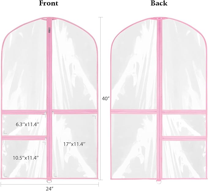 Clear Garment Bags for Dance Costumes, 40” Dance Garment Bags for Dancers, Kids Garment Bag for Dance Competitions with 3 Zipper Pockets, Garment Bags for Hanging Clothes, 6 Pack, Pink