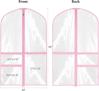 Clear Garment Bags for Dance Costumes, 40” Dance Garment Bags for Dancers, Kids Garment Bag for Dance Competitions with 3 Zipper Pockets, Garment Bags for Hanging Clothes, 6 Pack, Pink
