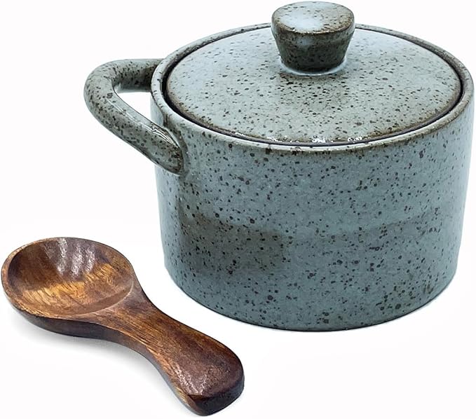 8 oz Ceramic Salt Cellar with Lid & Wooden Spoon,Countertop Salt Container,Sugar Bowl,Spices Jar| Artisan Kitchen Decor(Gray)
