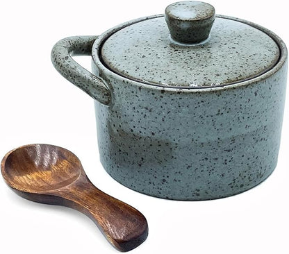 8 oz Ceramic Salt Cellar with Lid & Wooden Spoon,Countertop Salt Container,Sugar Bowl,Spices Jar| Artisan Kitchen Decor(Gray)