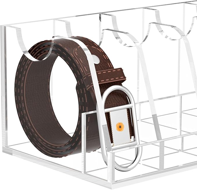 NIUBEE Belt Organizer - Acrylic Belt Storage Holder with 5 Compartments and Display Stand