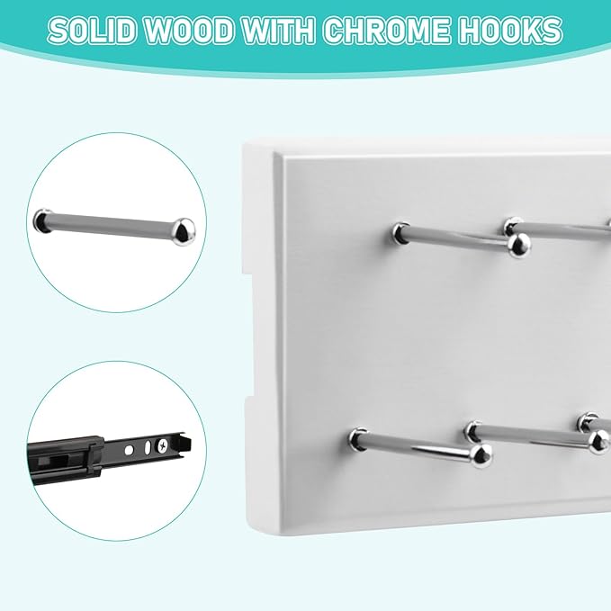 Wood Pull Out Belt Rack for Closet, 21 Tie Hanger Extending Sliding Tie Rack Hanger, Side Mount Sliding Rail Organizer Storage Rack Holder with 21 Hooks for Ties Scarves Belts Shawls, White