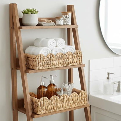 Kriitools Wicker Bathroom Basket Tray Organizer w/Scalloped for Toilet Paper, 2PCS Rattan Decorative Basket for Bathroom Decor, Farmhouse Home Decor, Living Room and more, Natural Water Hyacinth