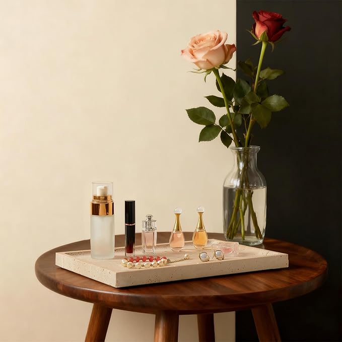 Real Luxurious Natural Travertine Tray - 12x8 Inch Marble Vanity Tray for Perfume Display, Jewelry Organizer, Bathroom & Home Decor -Heavy Duty Non-Slip Stone Tray (Non-Resin/Non-Ceramic)