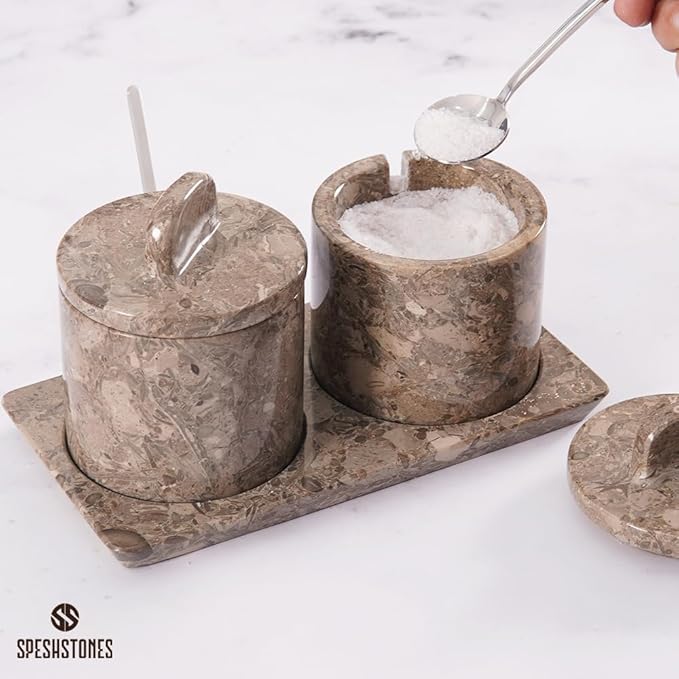 Marble Salt Cellar 4 Inch Salt Jar with Lid, Table Salt Containers for Countertop, Salt Dish, Salt Holder, Spice Jars, Sugar Bowl, Seasoning Container Set of 2, Salt Dispenser
