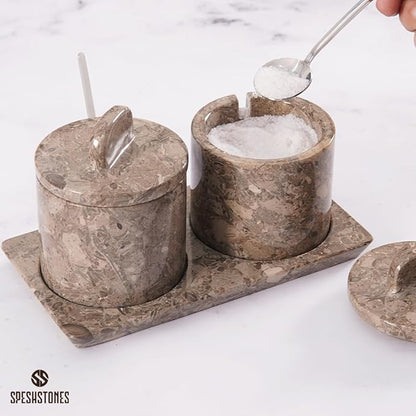 Marble Salt Cellar 4 Inch Salt Jar with Lid, Table Salt Containers for Countertop, Salt Dish, Salt Holder, Spice Jars, Sugar Bowl, Seasoning Container Set of 2, Salt Dispenser