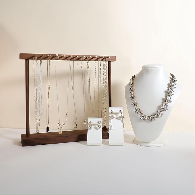 Medium necklace hanger shelf with 12 copper bars, Wooden jewelry storage organizer rack for hanger necklace bracelet, necklace display stand for boutique store【Walnut】