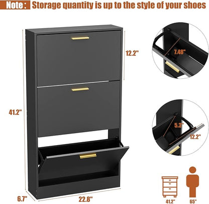 JOZZBY Shoe Cabinet, Black Shoe Cabinet with 3 Flip Drawer, Hidden Shoe Storage Freestanding Shoe Rack Cabinet for Entryway, Hallway, Living Room