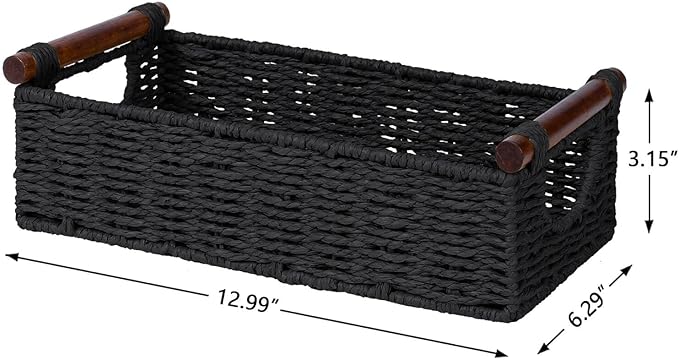CubesLand Small Wicker Toilet Basket Tray Organizer W/Cut Out Handle, Handwoven Slim Decorative Basket for Countertop, Shelves And for Rustic Home Decor, Living Room, Nursery Organization, Black