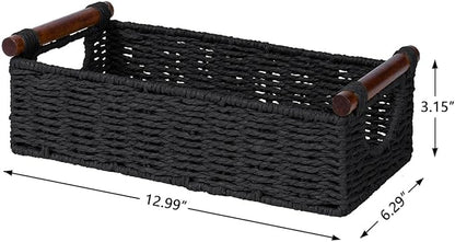 CubesLand Small Wicker Toilet Basket Tray Organizer W/Cut Out Handle, Handwoven Slim Decorative Basket for Countertop, Shelves And for Rustic Home Decor, Living Room, Nursery Organization, Black