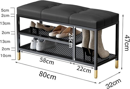3 Tier Shoe Organizer for Entryway, Shoe Racks with Cushion, Black Metal Frame Hallway Bench for Living Room Bedroom,Black,80 x 32 x 47 cm