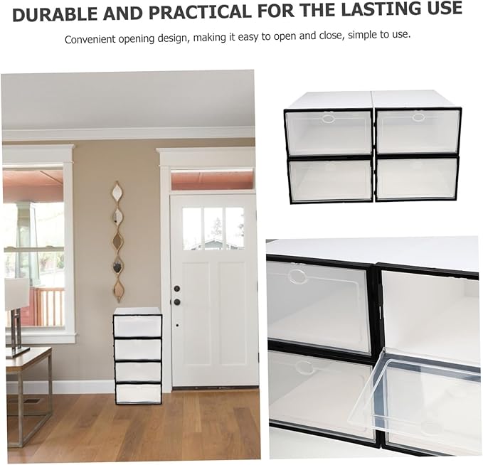 Lurrose 4pcs Thickened Plastic Shoe Boxes for Home Use Stackable Shoe Storage Containers with Capacity and Dustproof Design Black Frame White Female Style Organizer