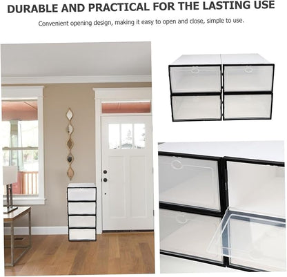 Lurrose 4pcs Thickened Plastic Shoe Boxes for Home Use Stackable Shoe Storage Containers with Capacity and Dustproof Design Black Frame White Female Style Organizer