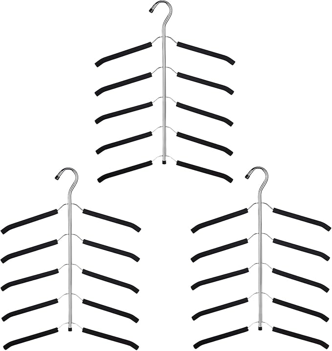 3-Pack 5-in-1 Space Saving Blouse Hangers - Non-Slip Padded Swing Arm Coat Hangers, Heavy Duty Stainless Steel for Shirts & Sweaters (Black)