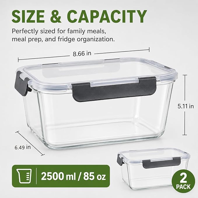 2 Pack Large Glass Food Storage Containers with Lids 85oz/10.5cup Big Airtight Storage Containers for Rotisserie Chicken Meal Prep Leftovers, BPA Free & Leak Proof, Microwave, Oven Safe (gray)