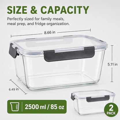 2 Pack Large Glass Food Storage Containers with Lids 85oz/10.5cup Big Airtight Storage Containers for Rotisserie Chicken Meal Prep Leftovers, BPA Free & Leak Proof, Microwave, Oven Safe (gray)