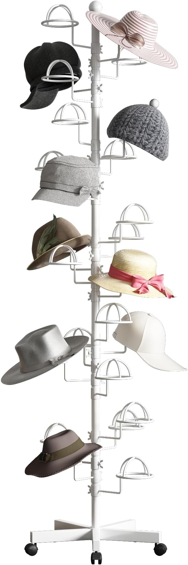 Freestanding Hats Rack Stand with 25 Customizable Circular Hooks Metal Hat Rack Hats Tree Organizer Rack Display Standing Floor Hat Stand for Home Store Commercial, White