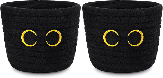 2 Pack Black Cat Makeup Brush Holder- Cute Cat Oval Mini Woven Cotton Rope Basket, Small Comb Brush Storage Decorative Empty Basket for Pencil Cosmetics Organizer Wedding Lover Gift,4 x 4 IN