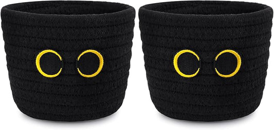 2 Pack Black Cat Makeup Brush Holder- Cute Cat Oval Mini Woven Cotton Rope Basket, Small Comb Brush Storage Decorative Empty Basket for Pencil Cosmetics Organizer Wedding Lover Gift,4 x 4 IN