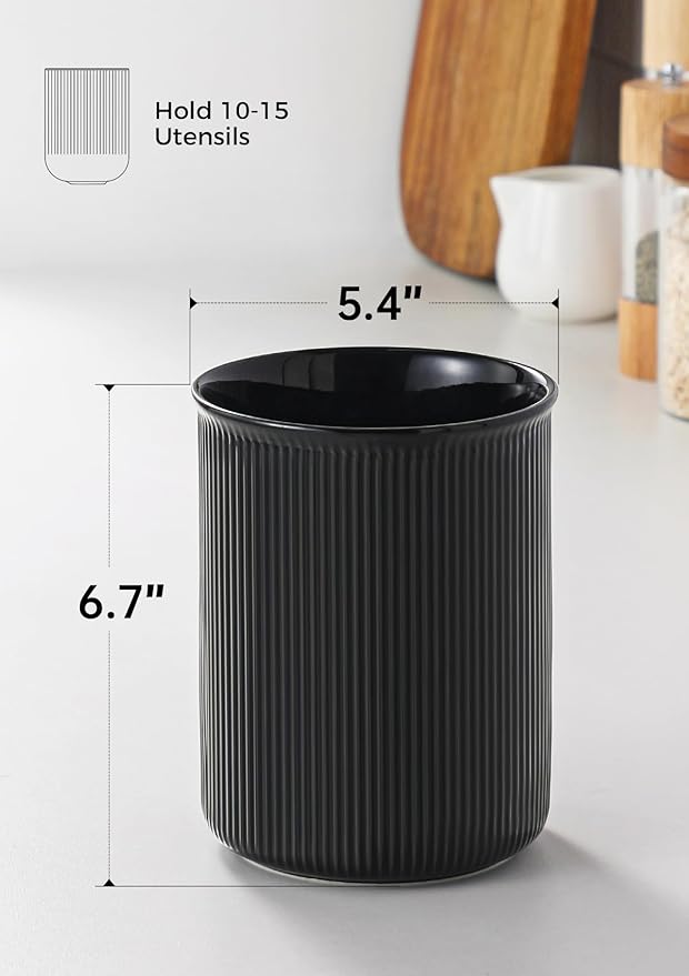 LoeJan Utensil Holder, Extra Large Utensil Crock, Stable Ceramic Utensil Organizer, Cooking Tool Organizer Set for Kitchen Counter Farmhouse Decor (F-6.7" Black)