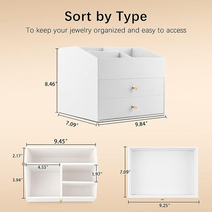 Homeanda Makeup Organizer with Drawers, PU Leather Cosmetic Storage Box Large Cosmetic Display Case for Skincare, Lipstick, Brushes, Bedroom Storage(White)