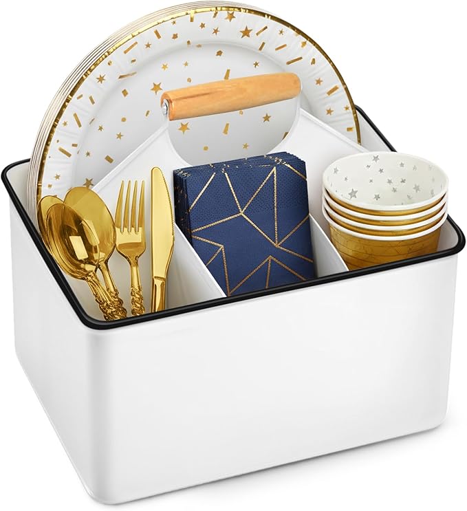 Plexon Metal Utensil Caddy With Handle - Farmhouse Rustic Kitchen Utensil Holder for Party Picnic Table Garden - Tool Cutlery Flatware Silverware Caddy Organizer Storage, White