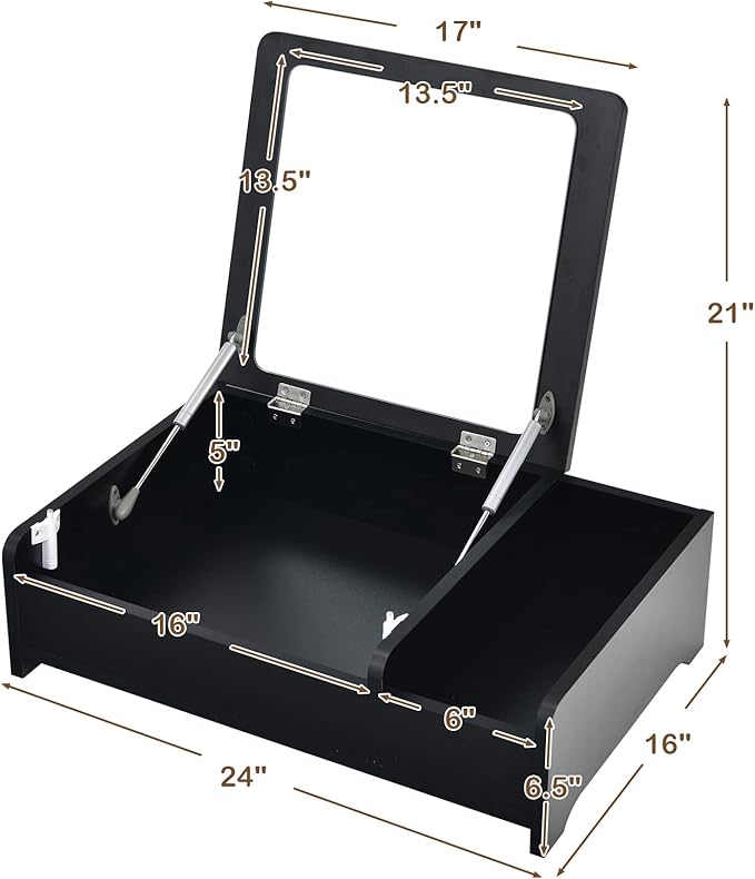 CHARMAID Countertop Vanity with Flip Top Mirror, 24inch Tabletop Laptop Desk with 2 Compartments Organizer, Modern Bedroom Makeup Dressing Vanity Mirror Cosmetic Storage Box Desktop (Black)