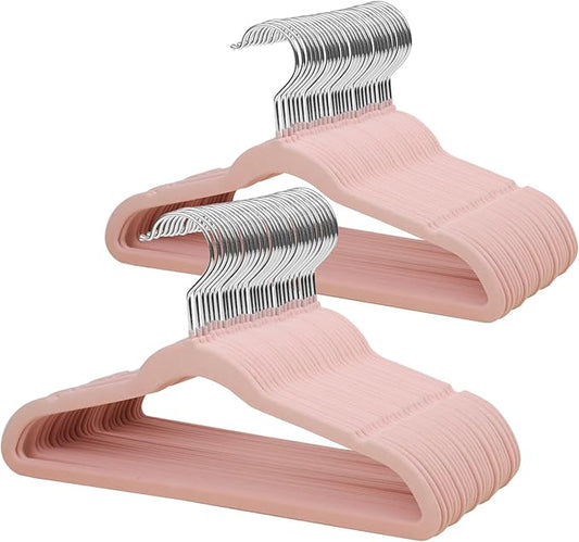 ManGotree 14 Inch Kids Velvet Hangers for Closet, Ultra-Thin Space Saving Children's Clothes Hangers, Non-Slip Felt Toddler Hanger for Youth's Clothes (66 Pack, Light Pink)