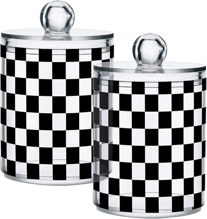 ALAZA 2pcs Black White Checkered Plaid Qtip Holder Dispenser 14 oz Bathroom Storage Clear Apothecary Jars Containers Cotton Ball,Cotton Rounds,Floss Picks, Hair Clips, Food