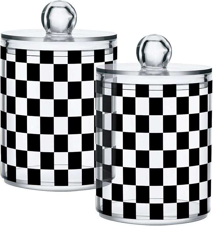 ALAZA 4pcs Black White Checkered Plaid Qtip Holder Dispenser 14 oz Bathroom Storage Clear Apothecary Jars Containers Cotton Ball,Cotton Rounds,Floss Picks, Hair Clips, Food