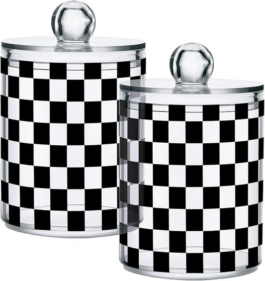 ALAZA 4pcs Black White Checkered Plaid Qtip Holder Dispenser 14 oz Bathroom Storage Clear Apothecary Jars Containers Cotton Ball,Cotton Rounds,Floss Picks, Hair Clips, Food