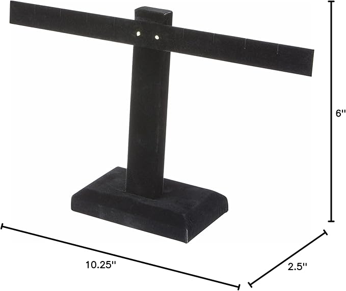 Plymor Black Velvet T-Bar Earring Display Stand Four Pair Earring Display Stand, 10.25" W x 6" H (Pack of 2)