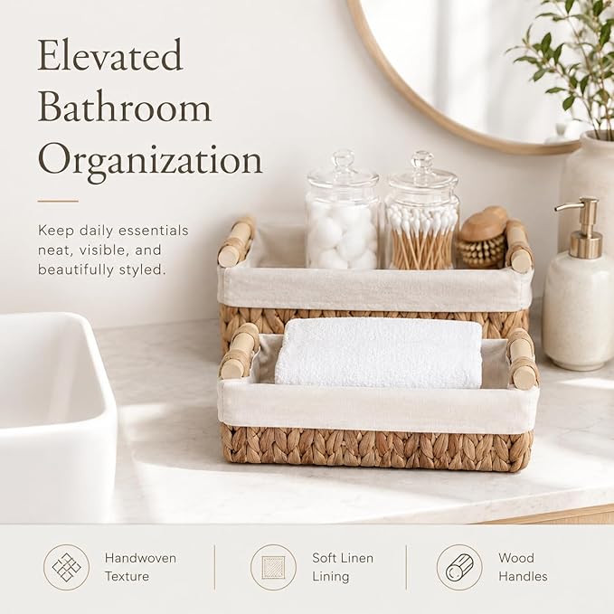 Water Hyacinth Bathroom Baskets for Shelves Set of 2 with Linen Liner & Wooden Handles – Wicker Bathroom Counter Organizer for Vanity, Towels & Toiletries